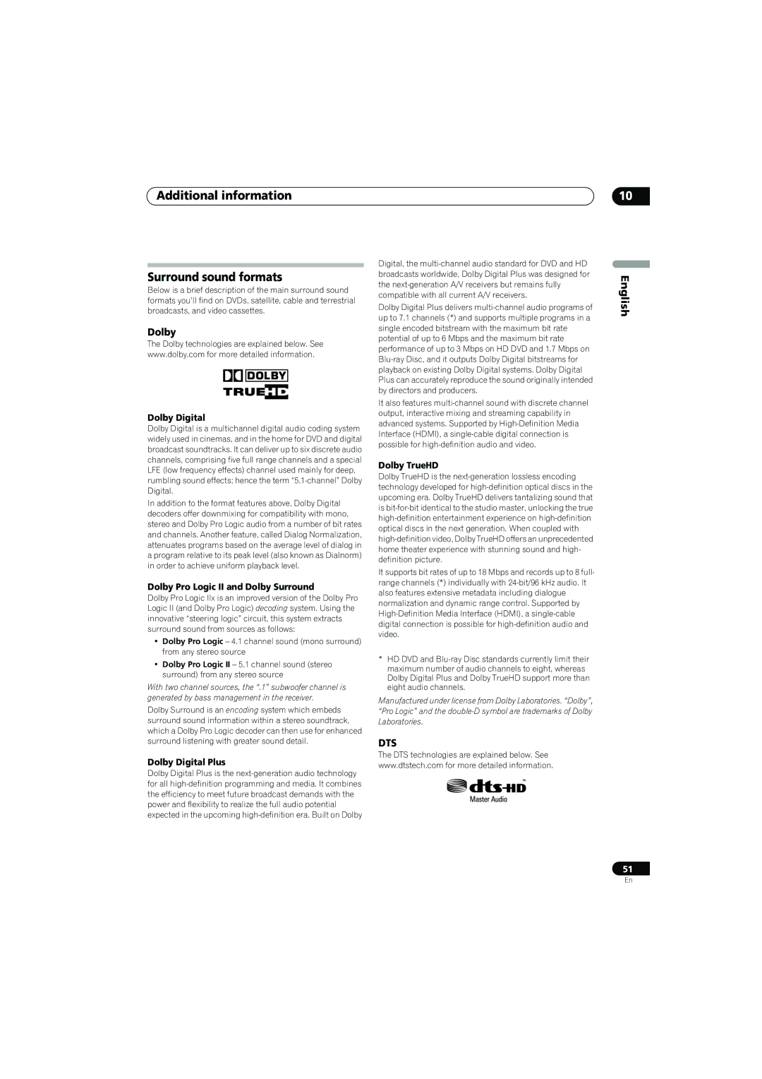 Pioneer SX-LX70SW operating instructions Additional information Surround sound formats, Dolby 