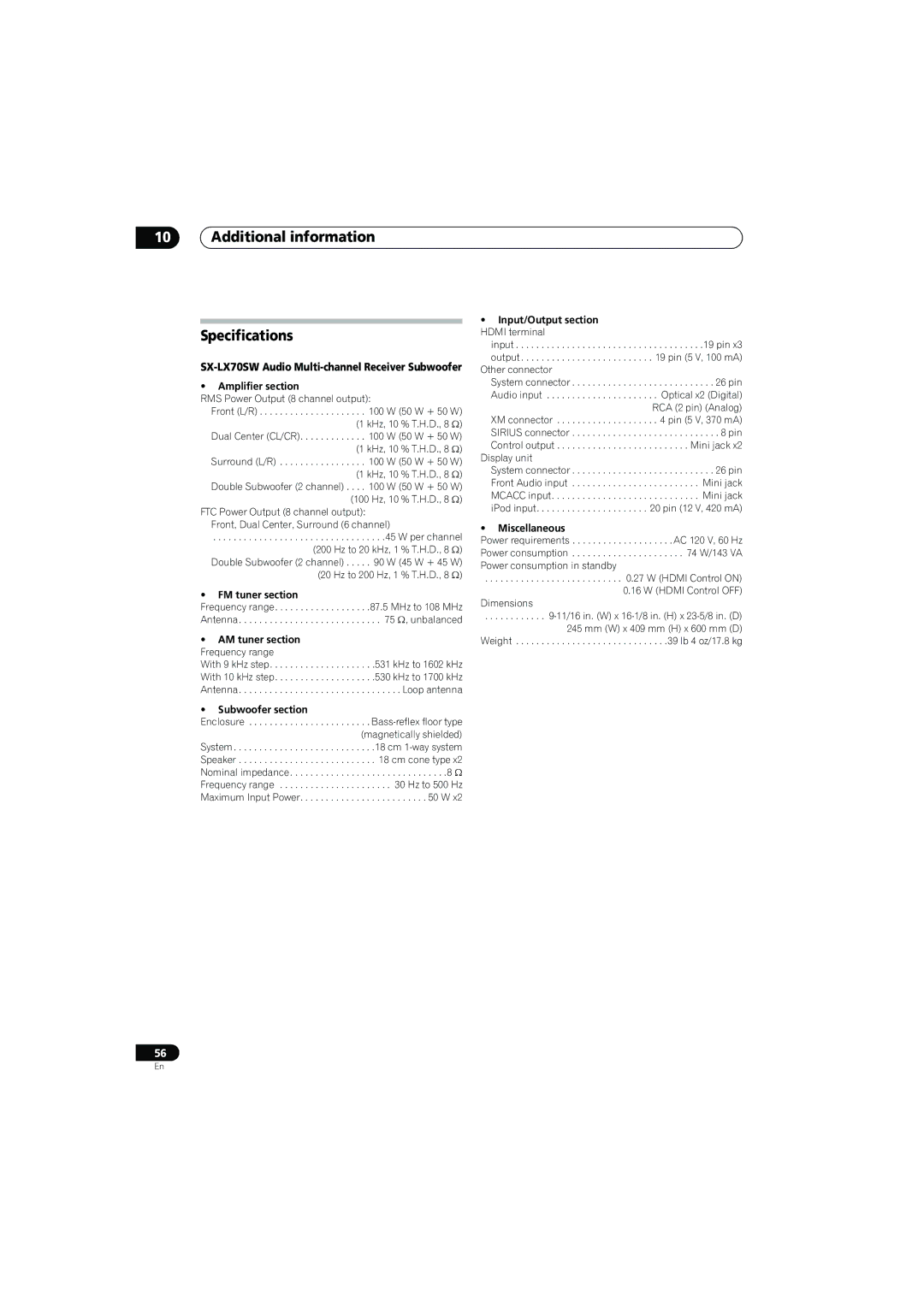 Pioneer SX-LX70SW operating instructions Additional information Specifications 