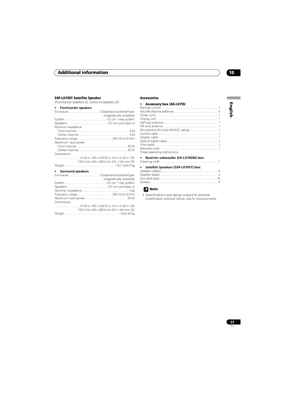 Pioneer SX-LX70SW operating instructions SSP-LX70ST Satellite Speaker, Accessories Accessory box AS-LX70 