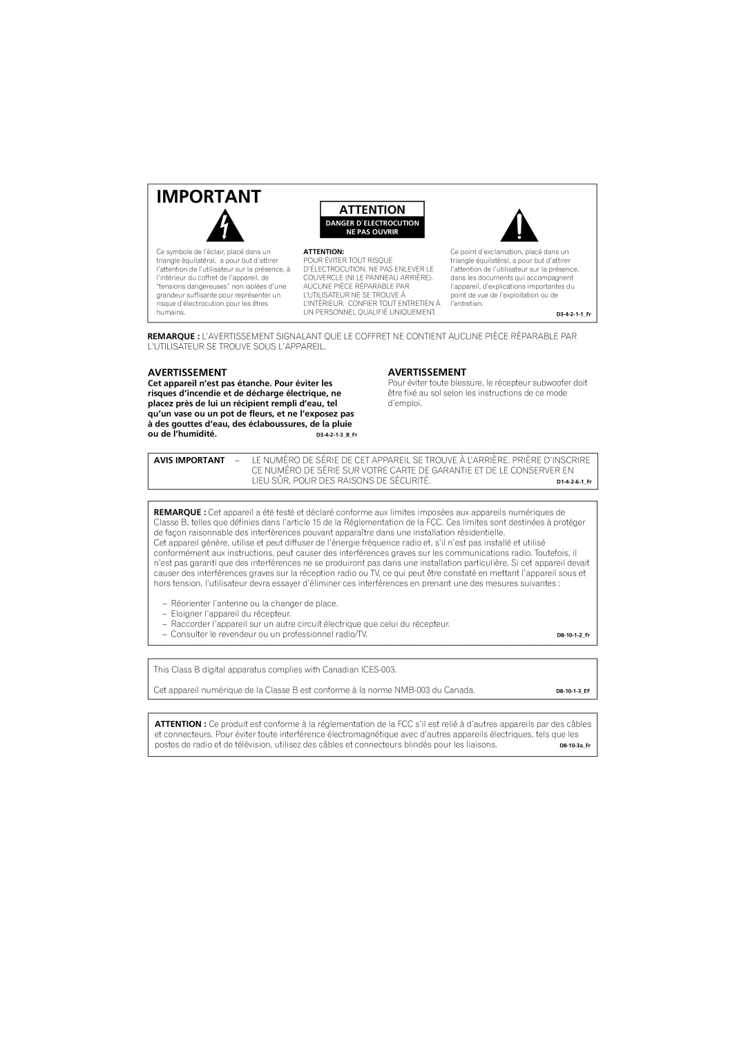 Pioneer SX-LX70SW operating instructions Avis Important, NE PAS Ouvrir 