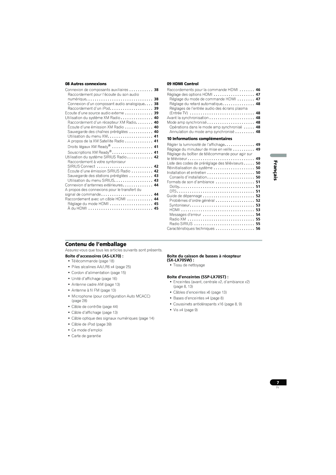 Pioneer SX-LX70SW operating instructions Contenu de l’emballage, Français 