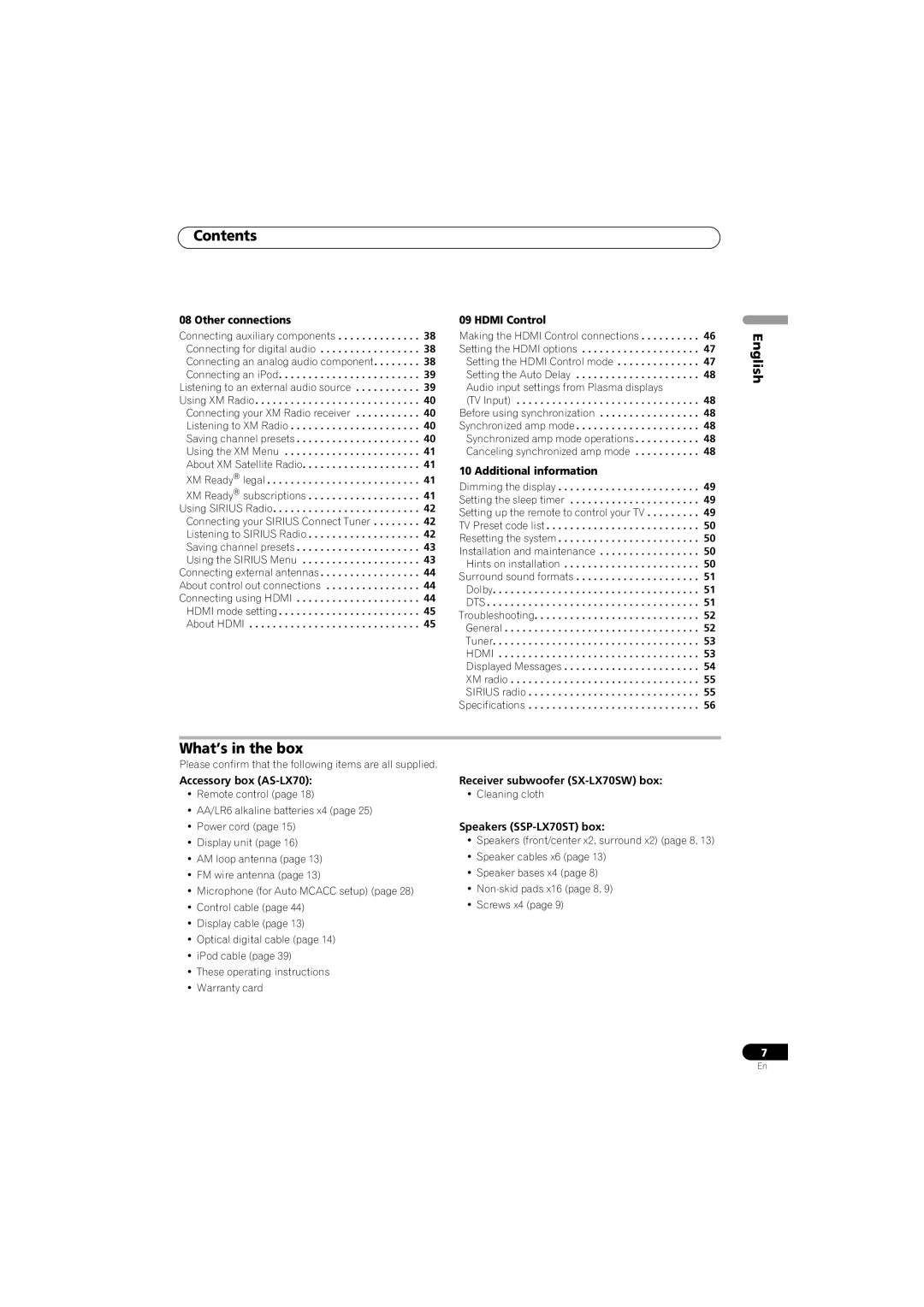 Pioneer SX-LX70SW operating instructions What’s in the box, English 