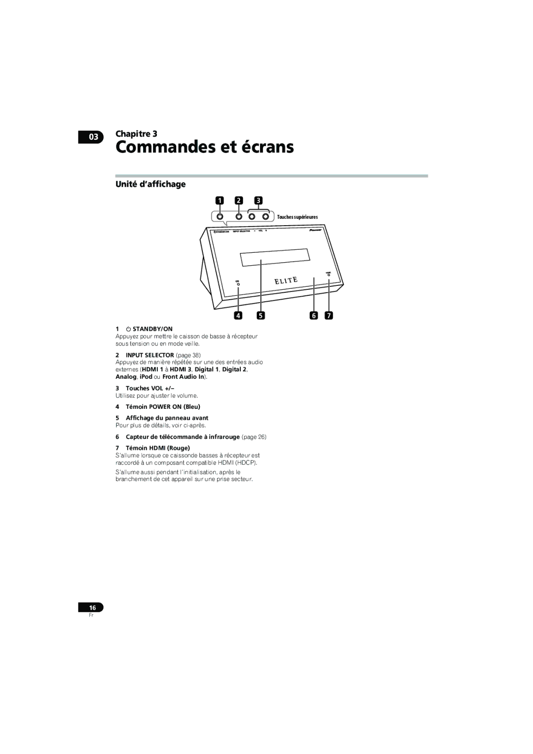 Pioneer SX-LX70SW Commandes et écrans, Chapitre, Unité d’affichage, Touches supérieures, Utilisez pour ajuster le volume 