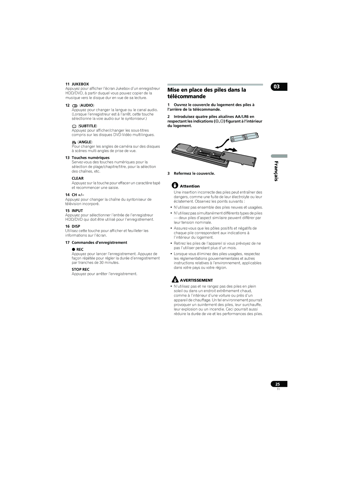 Pioneer SX-LX70SW operating instructions Mise en place des piles dans la télécommande, Commandes d’enregistrement 