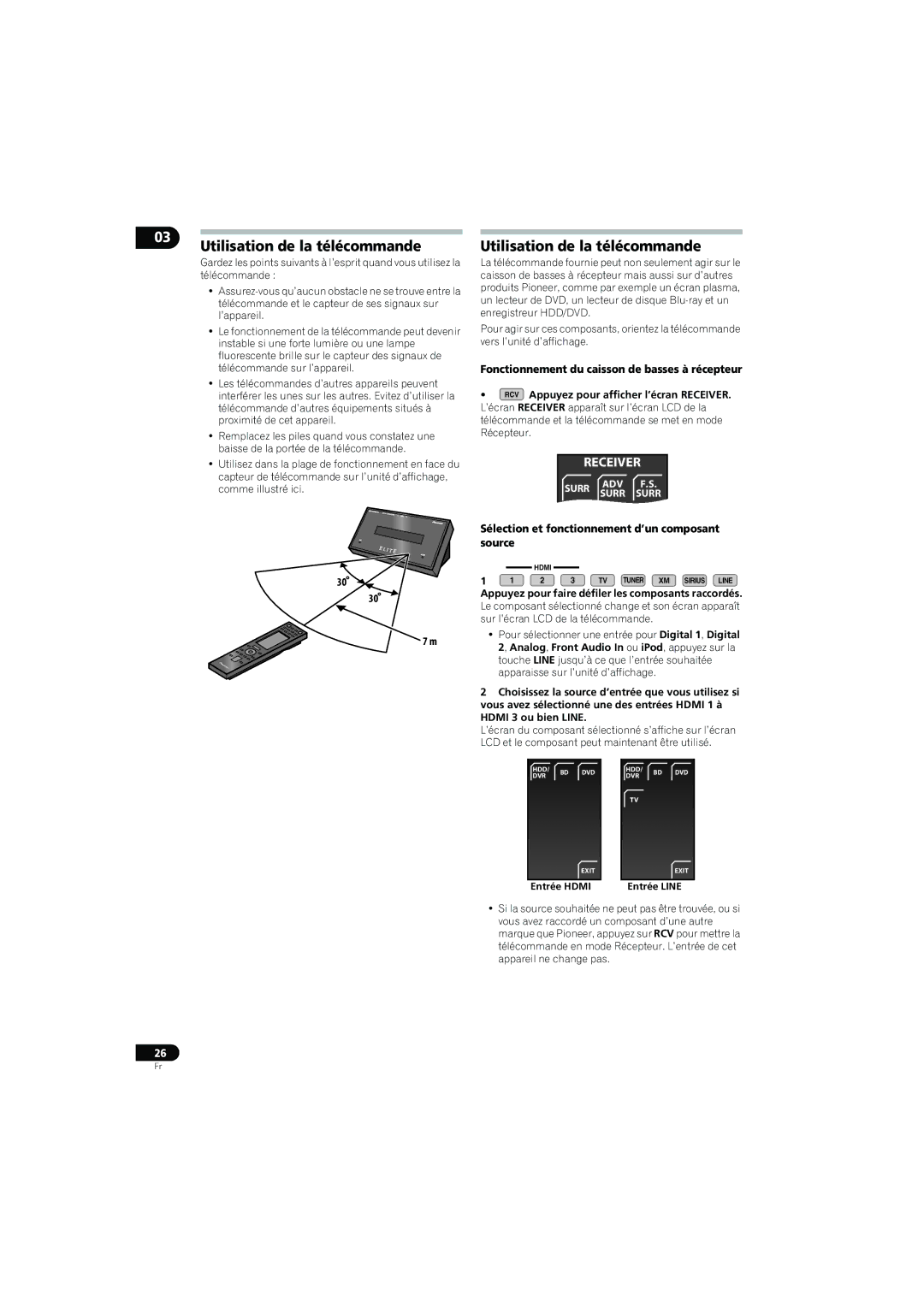 Pioneer SX-LX70SW operating instructions Utilisation de la télécommande, Fonctionnement du caisson de basses à récepteur 