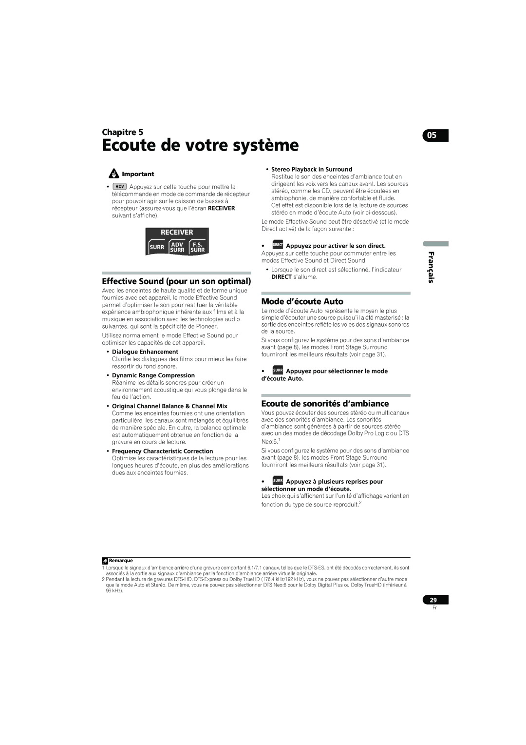 Pioneer SX-LX70SW operating instructions Ecoute de votre système, Effective Sound pour un son optimal, Mode d’écoute Auto 