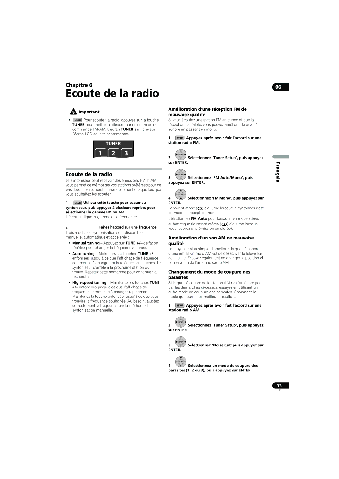 Pioneer SX-LX70SW operating instructions Ecoute de la radio, Amélioration d’une réception FM de mauvaise qualité 