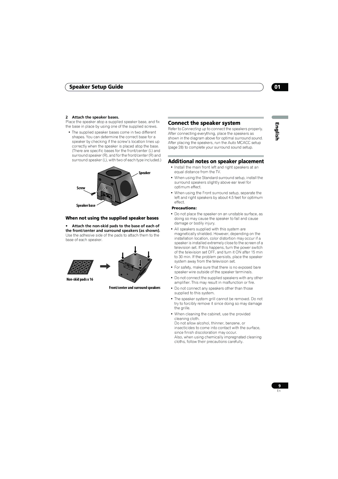 Pioneer SX-LX70SW Speaker Setup Guide, Connect the speaker system, Additional notes on speaker placement, Non-skid pads x 