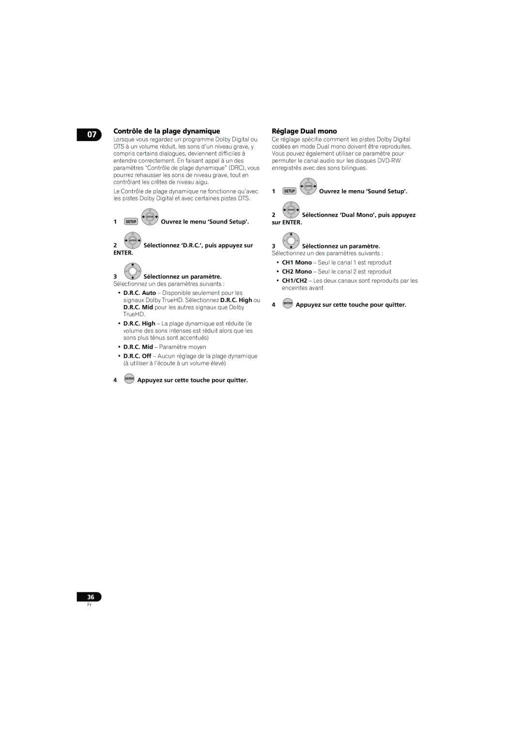 Pioneer SX-LX70SW operating instructions Contrôle de la plage dynamique, Réglage Dual mono, Sélectionnez un paramètre 