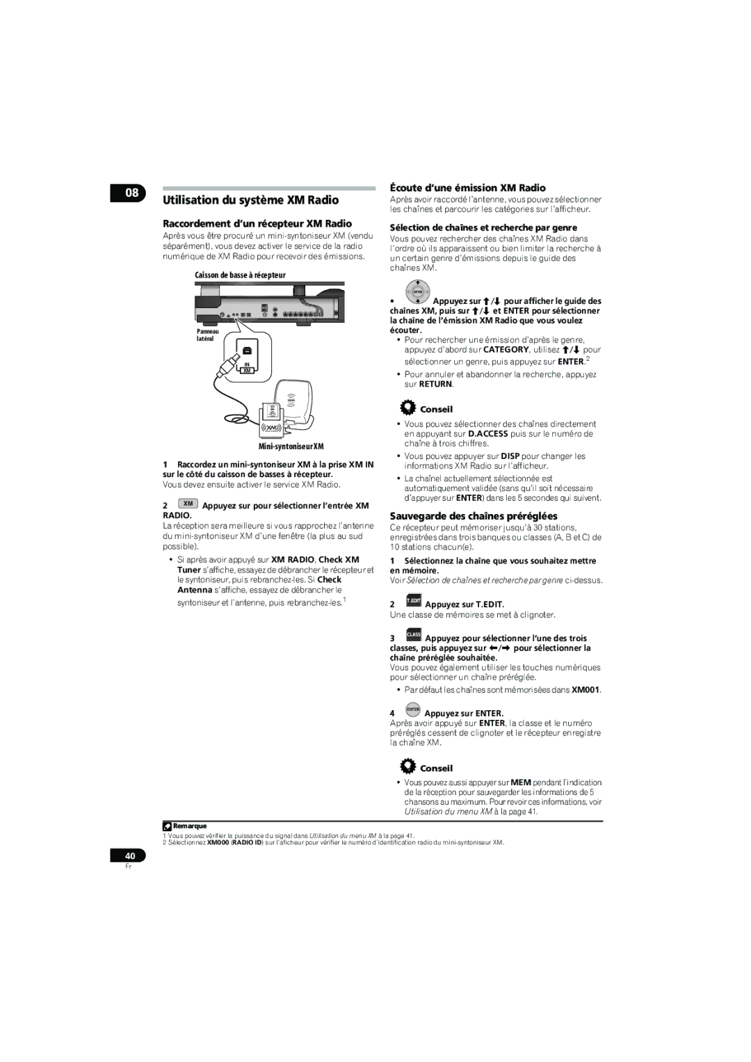 Pioneer SX-LX70SW Utilisation du système XM Radio, Raccordement d’un récepteur XM Radio, Écoute d’une émission XM Radio 