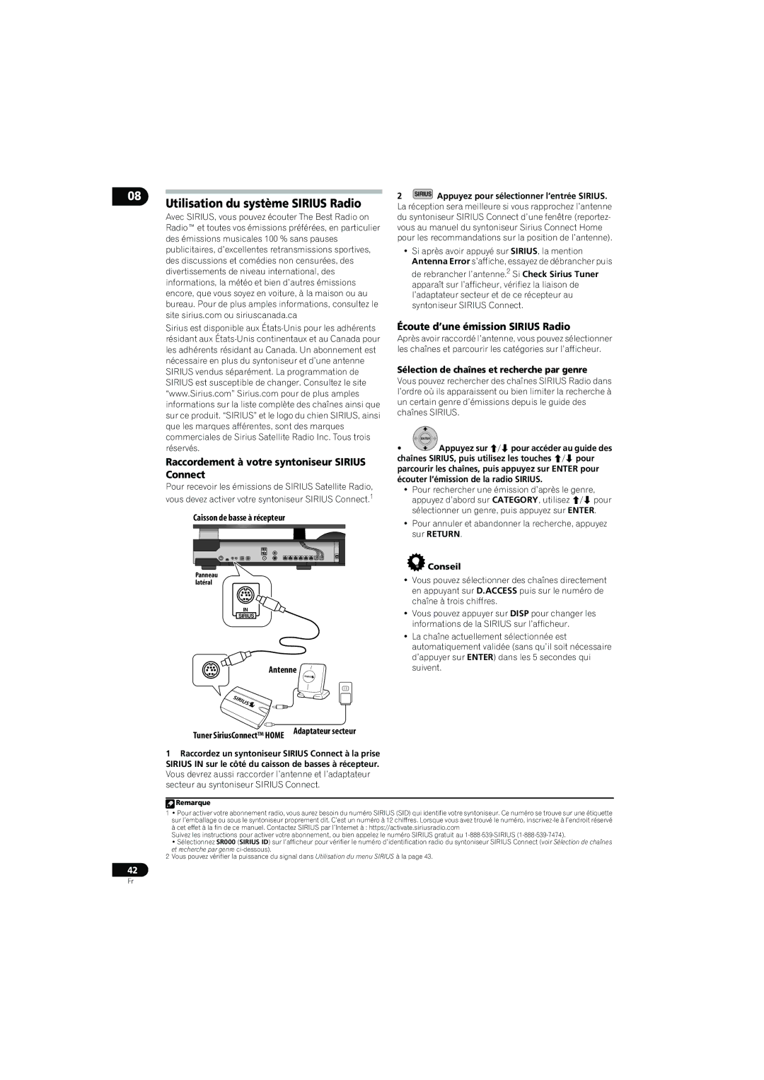 Pioneer SX-LX70SW Utilisation du système Sirius Radio, Raccordement à votre syntoniseur Sirius Connect, Antenne 