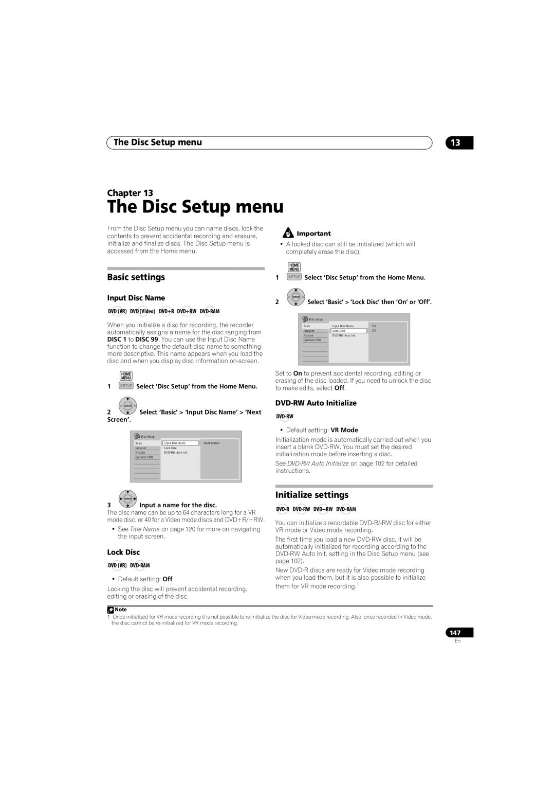 Pioneer SX-LX70SW manual The Disc Setup menu, Basic settings, Initialize settings, Input Disc Name, DVD-RWAuto Initialize 