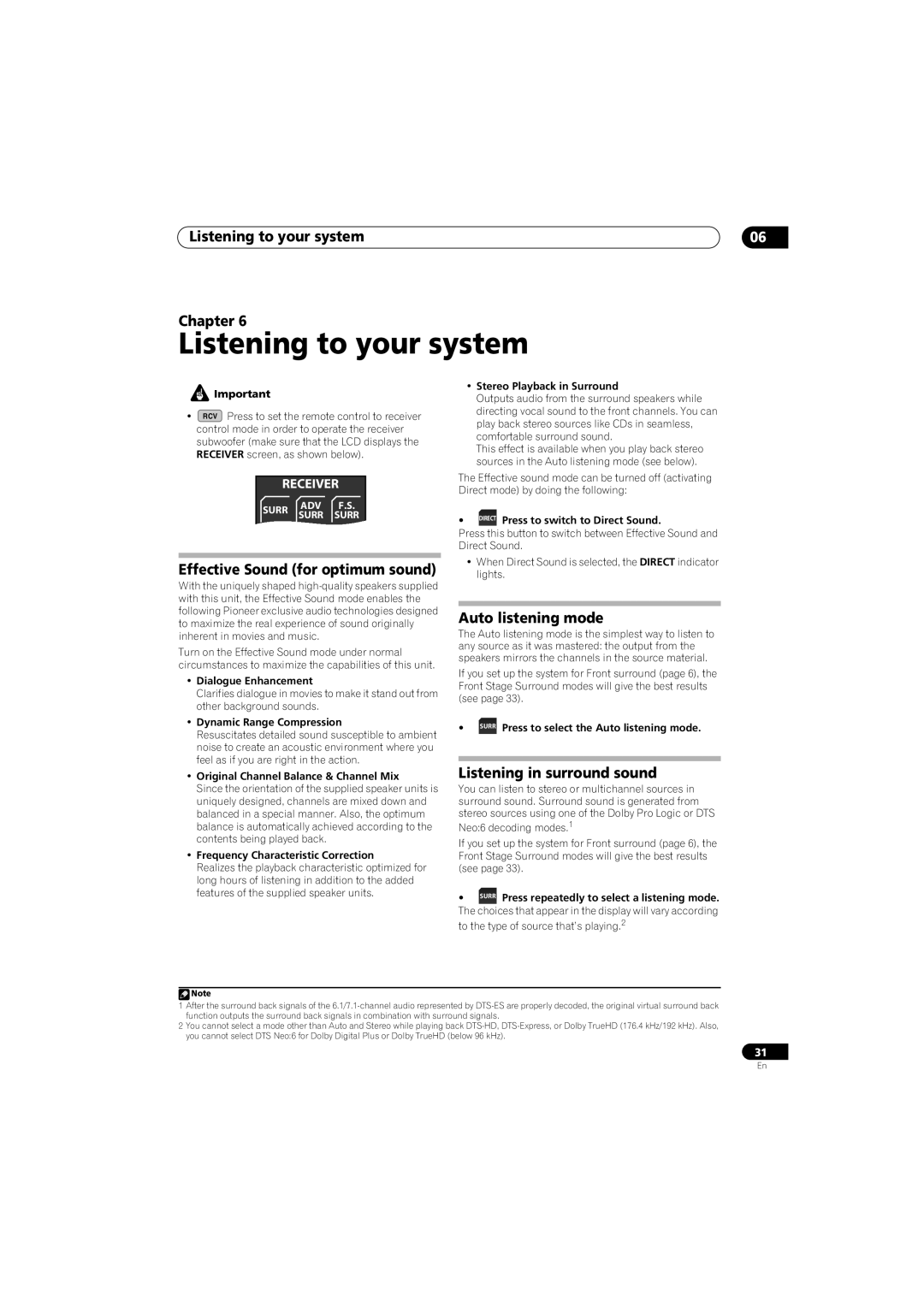 Pioneer SX-LX70SW Listening to your system, Effective Sound for optimum sound, Auto listening mode, Chapter, Receiver 
