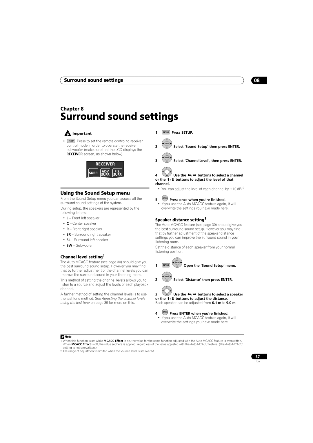 Pioneer SX-LX70SW manual Surround sound settings, Using the Sound Setup menu, Receiver 
