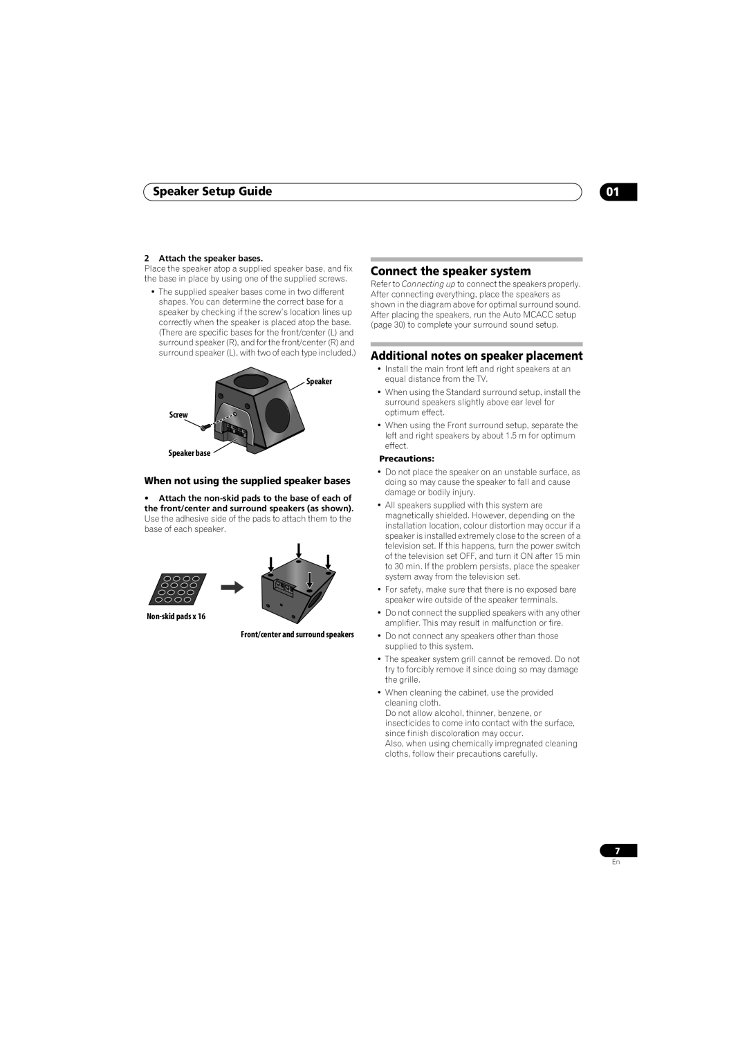 Pioneer SX-LX70SW Speaker Setup Guide, Connect the speaker system, Additional notes on speaker placement, Non-skidpads x 