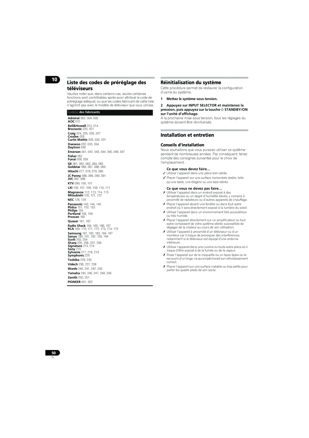 Pioneer SX-LX70SW Liste des codes de préréglage des téléviseurs, Réinitialisation du système, Installation et entretien 