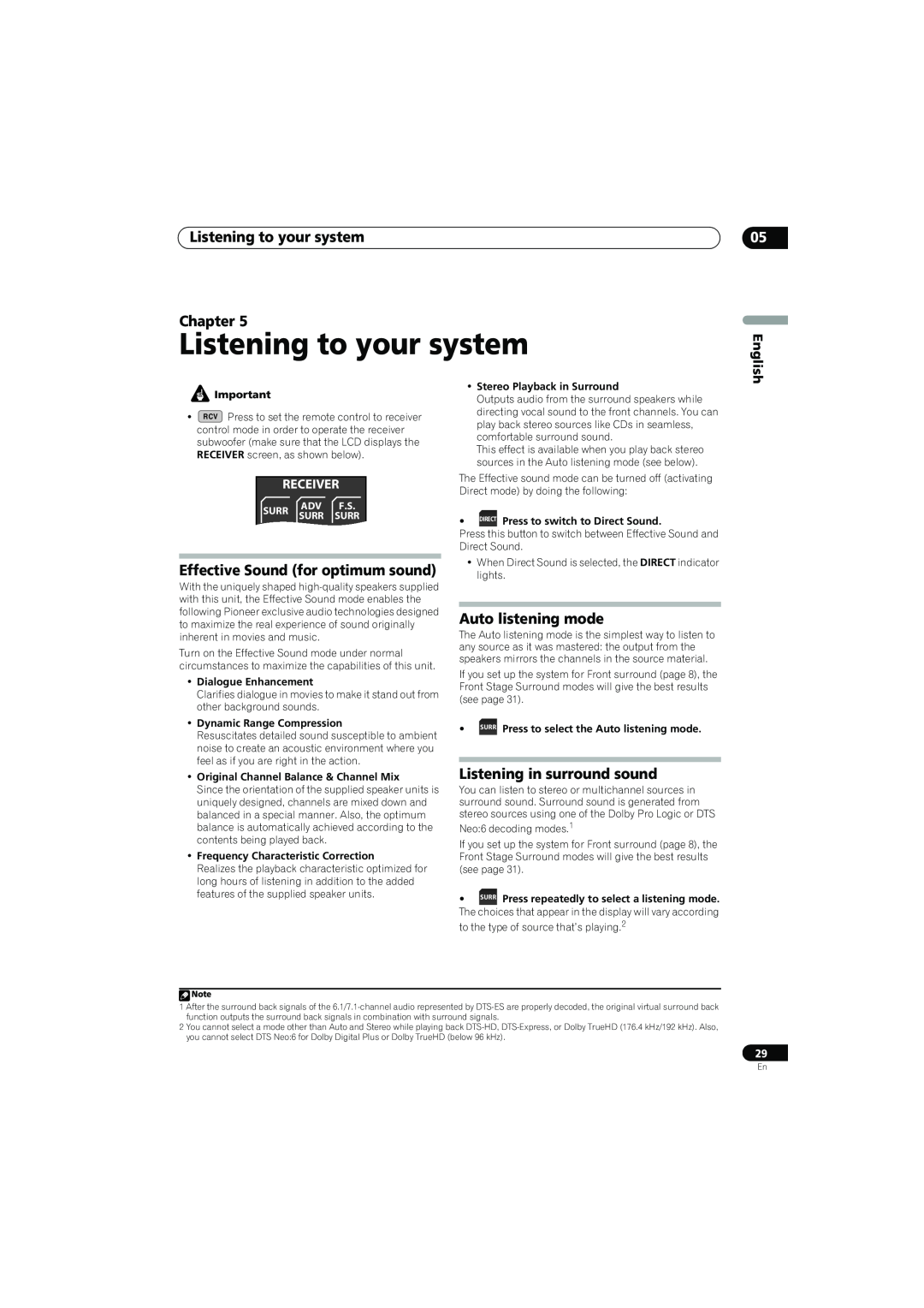 Pioneer SX-LX70SW Listening to your system Chapter, Effective Sound for optimum sound, Auto listening mode, English 