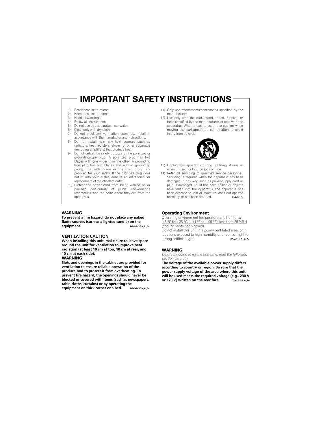 Pioneer SX-LX70SW operating instructions Ventilation Caution, Operating Environment 