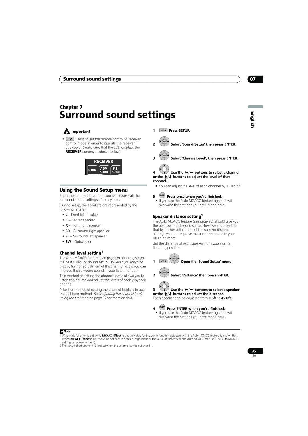 Pioneer SX-LX70SW Surround sound settings Chapter, Using the Sound Setup menu, Channel level setting1, English 