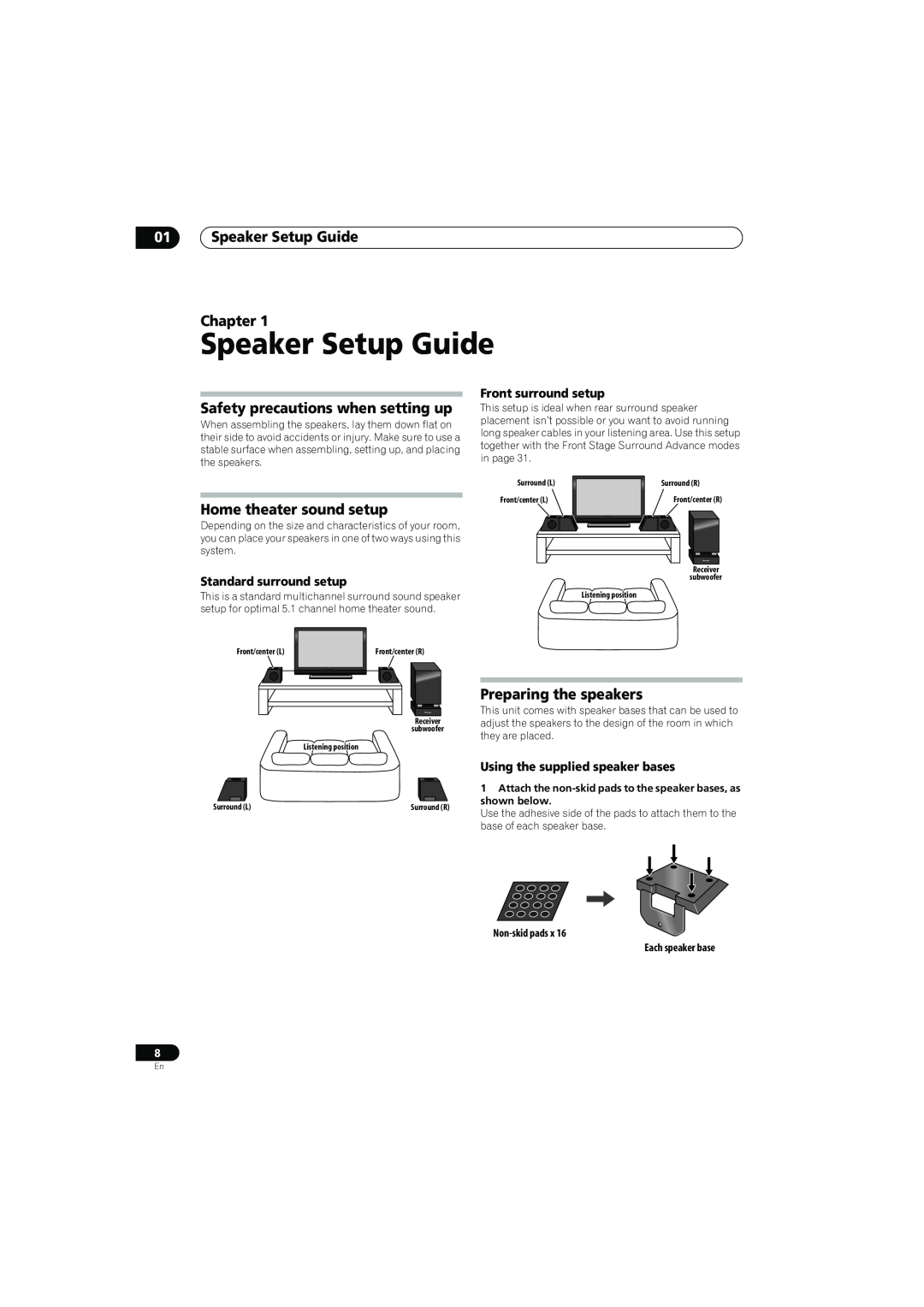 Pioneer SX-LX70SW Speaker Setup Guide Chapter, Safety precautions when setting up, Home theater sound setup 