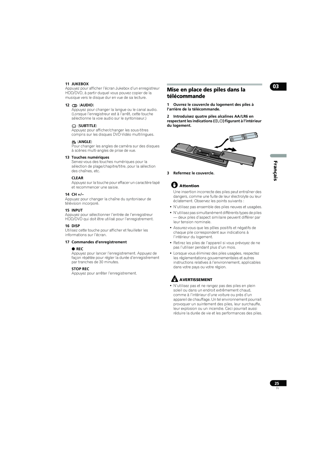 Pioneer SX-LX70SW Mise en place des piles dans la télécommande, Français, Jukebox, Audio, Subtitle, Angle, Clear, 14 CH + 