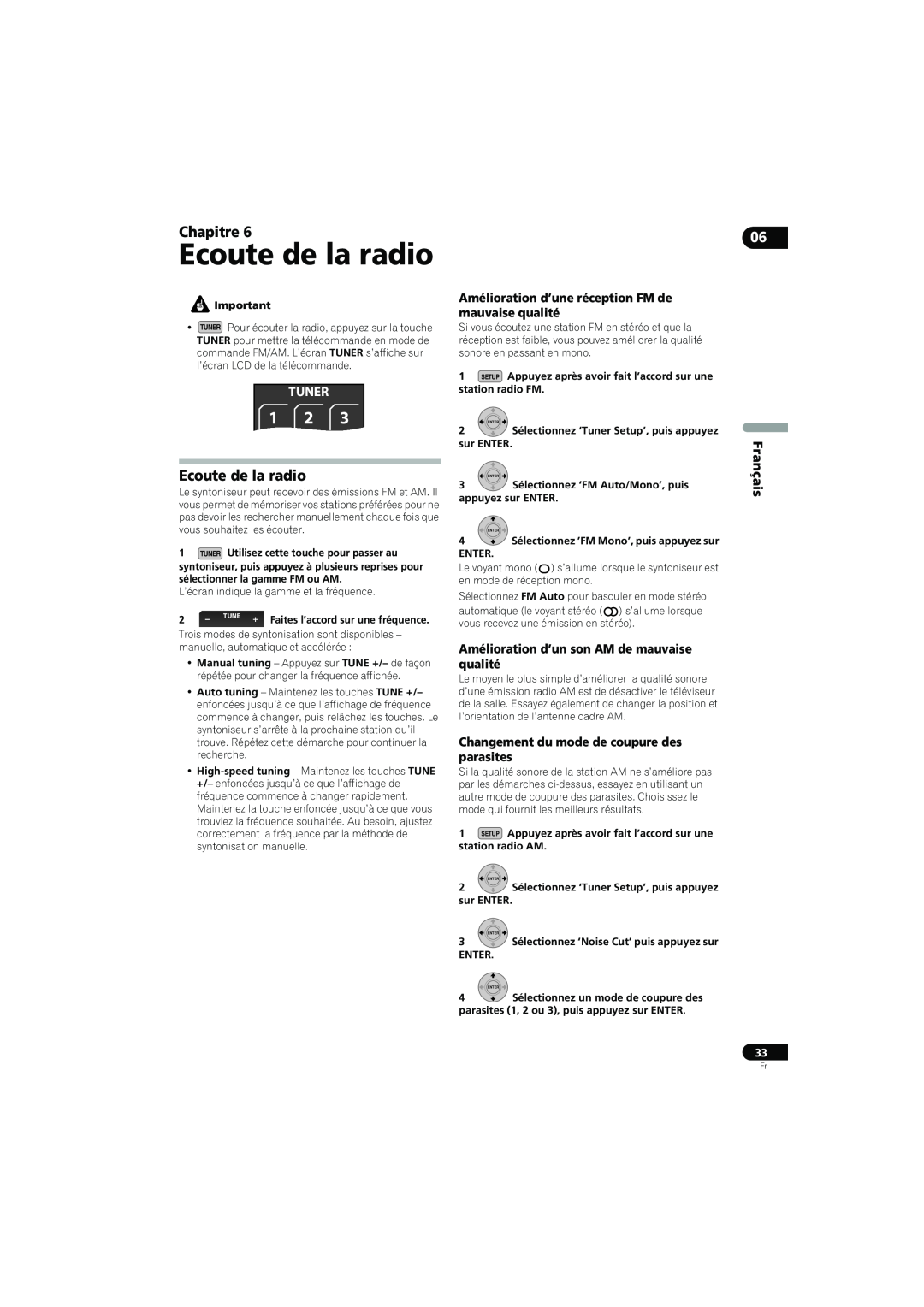 Pioneer SX-LX70SW Ecoute de la radio, Amélioration d’une réception FM de mauvaise qualité, Chapitre, Tuner, Français 