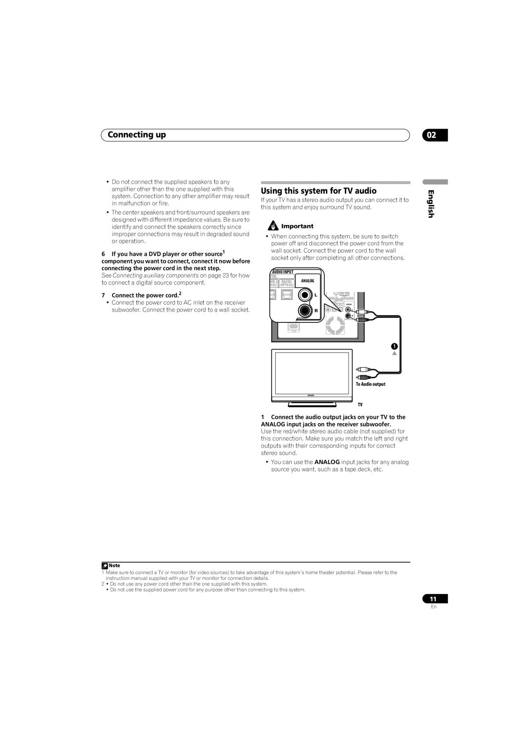 Pioneer HTP-330, SX-SW330, S-ST330 operating instructions Using this system for TV audio, Connect the power cord.2 