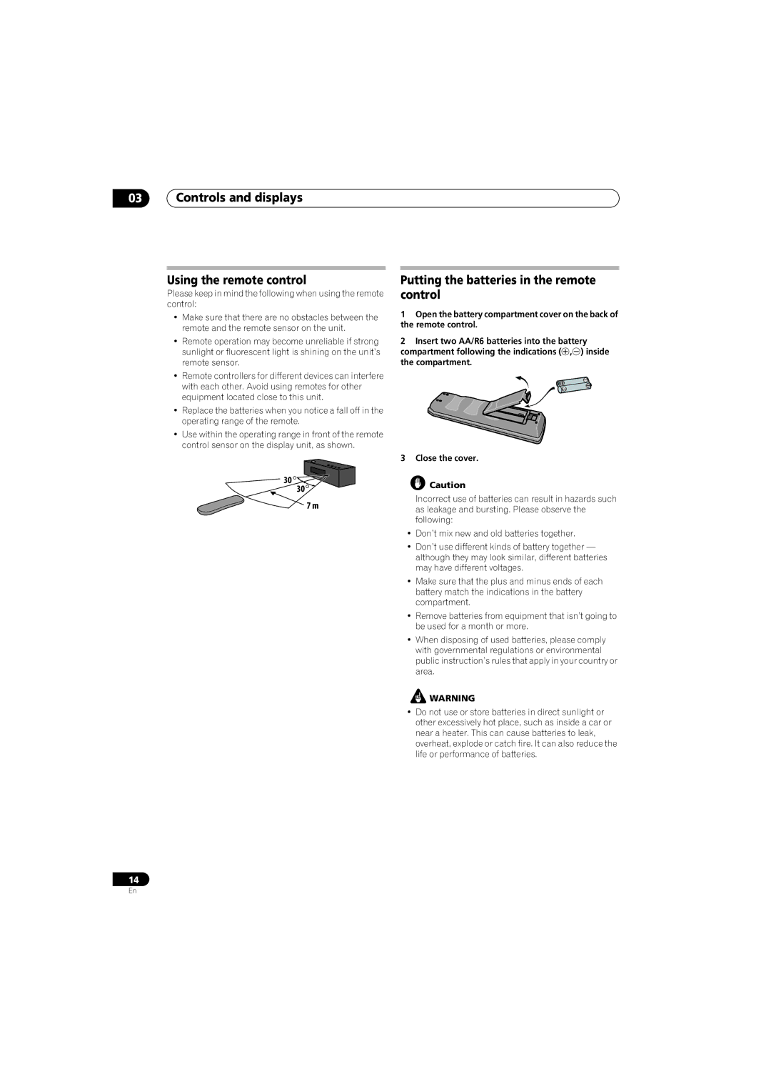 Pioneer HTP-330, SX-SW330 Controls and displays Using the remote control, Putting the batteries in the remote control 