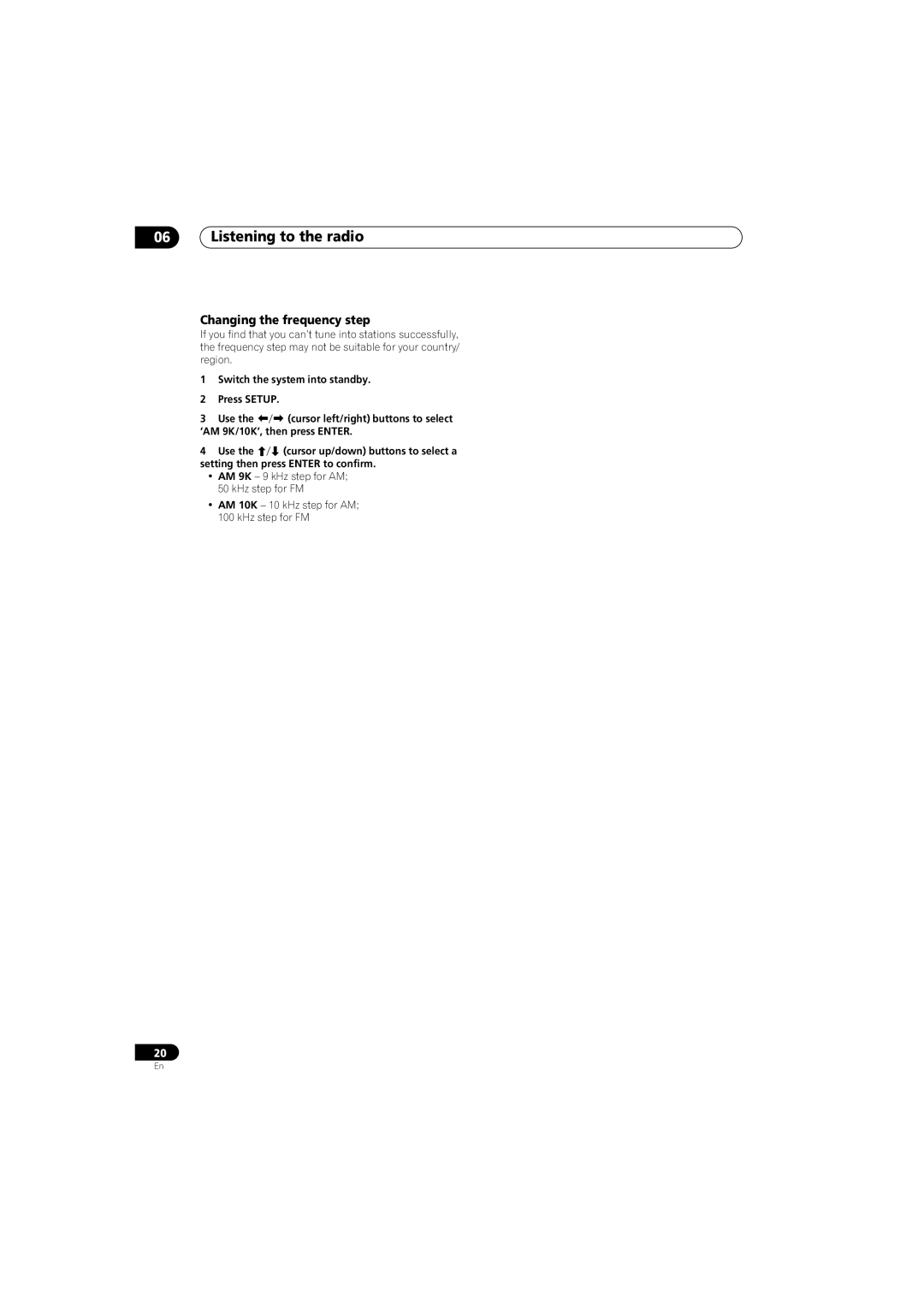 Pioneer HTP-330, SX-SW330 Changing the frequency step, ‘AM 9K/10K’, then press Enter, Setting then press Enter to confirm 