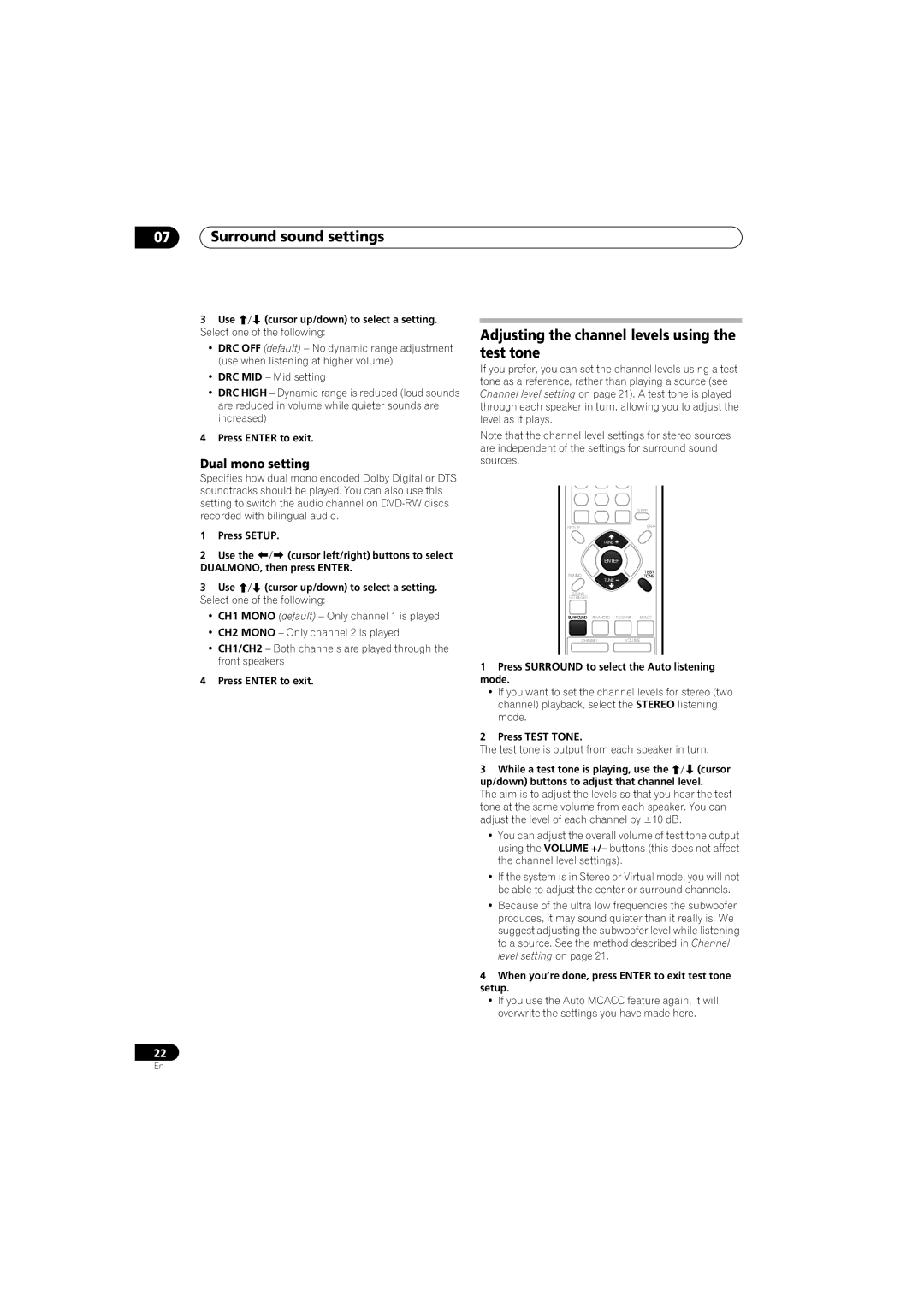 Pioneer S-ST330, SX-SW330 Surround sound settings, Adjusting the channel levels using the test tone, Dual mono setting 