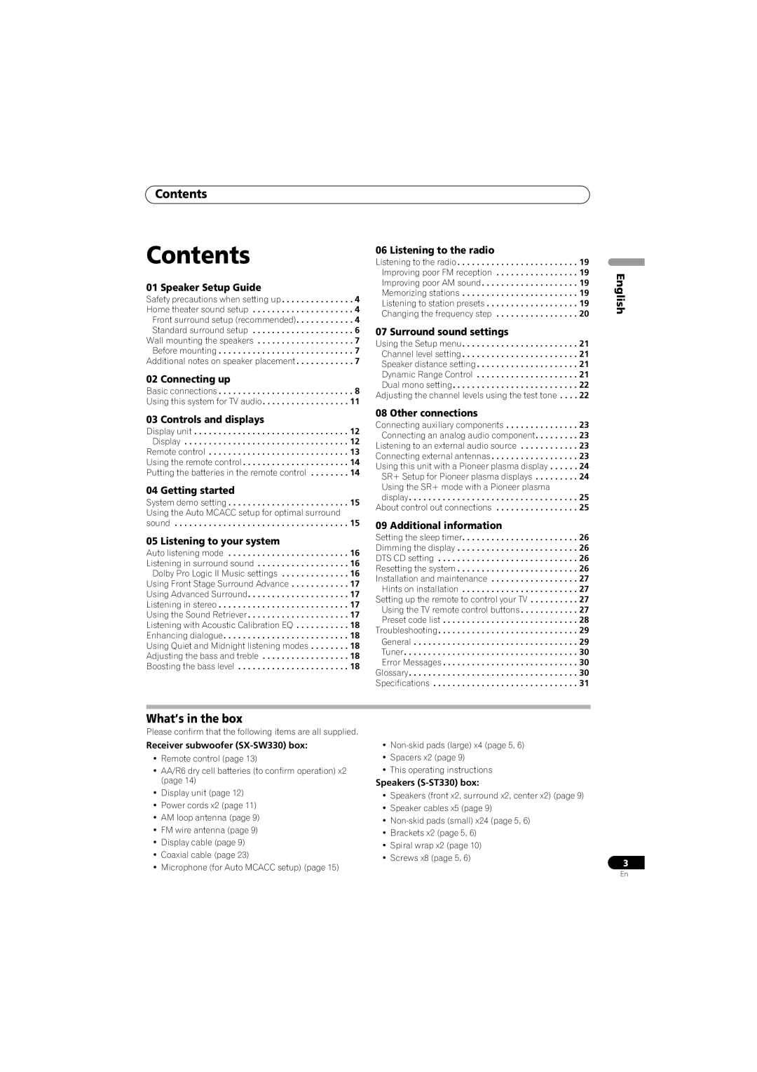 Pioneer SX-SW330, S-ST330, HTP-330 operating instructions Contents 