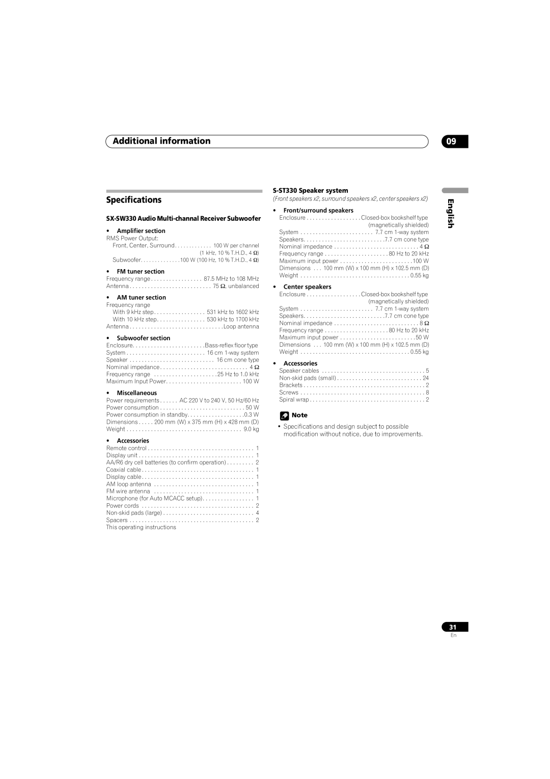 Pioneer S-ST330, SX-SW330, HTP-330 operating instructions Additional information Specifications, ST330 Speaker system 