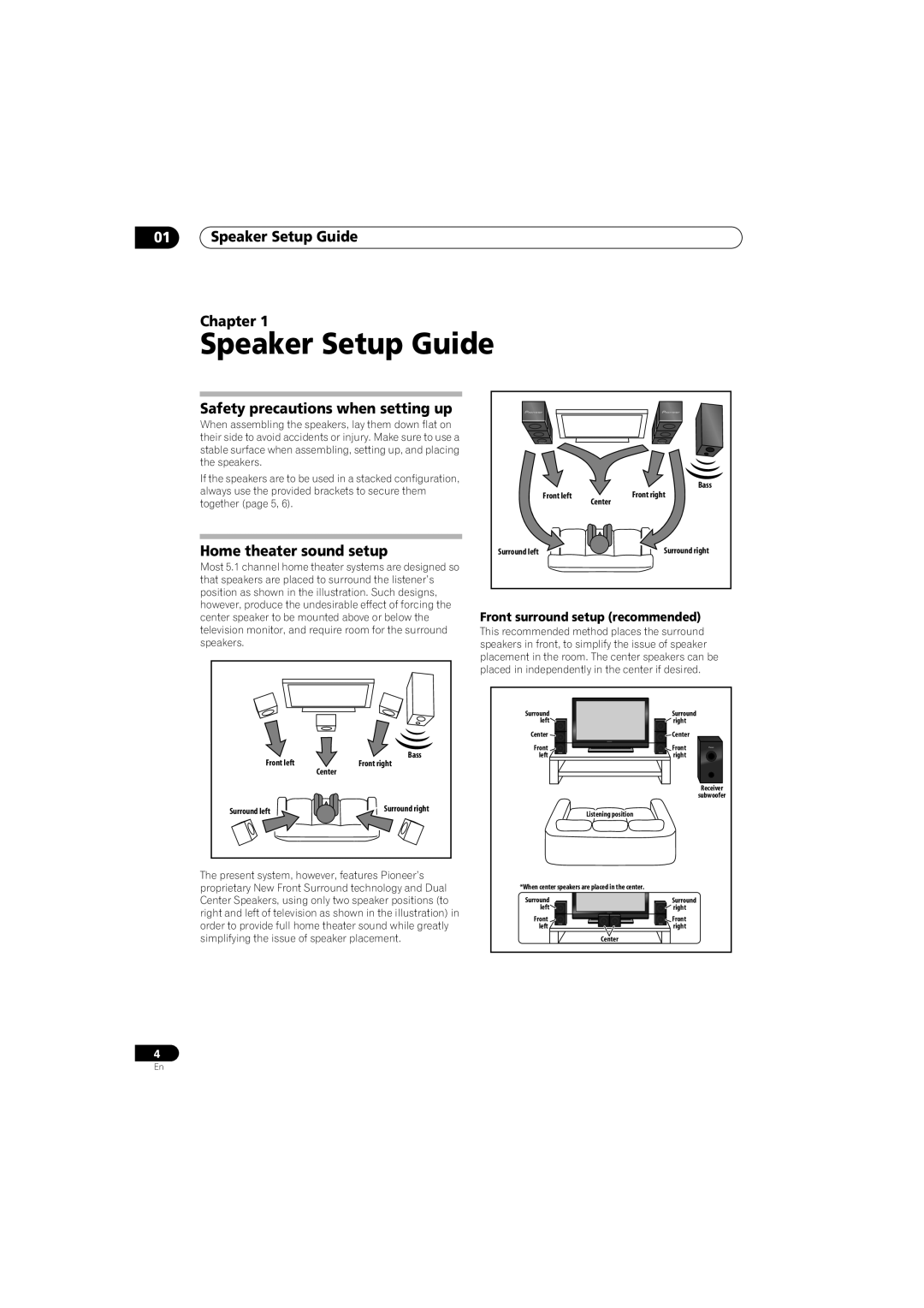 Pioneer S-ST330, SX-SW330 01Speaker Setup Guide Chapter, Safety precautions when setting up, Home theater sound setup 