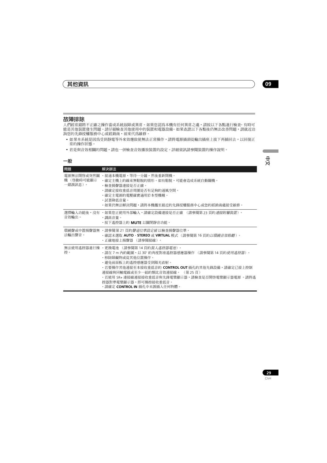 Pioneer HTP-330, SX-SW330, S-ST330 operating instructions 其他資訊 故障排除, 問題 解決辦法 