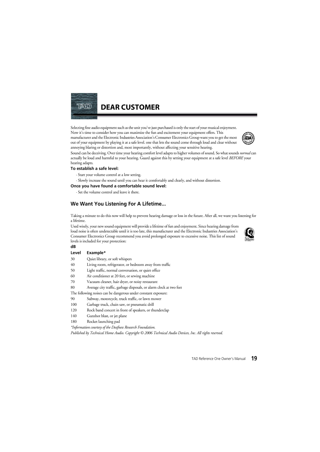 Pioneer TAD-R1 owner manual Dear Customer, We Want You Listening For a Lifetime 