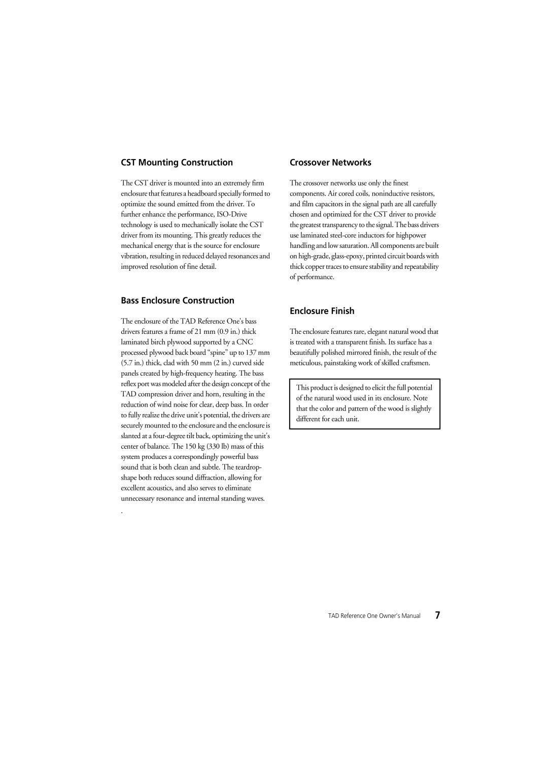 Pioneer TAD-R1 owner manual CST Mounting Construction, Crossover Networks, Bass Enclosure Construction, Enclosure Finish 