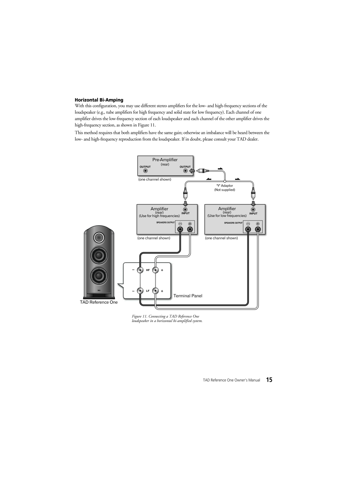 Pioneer TAD-R1 owner manual Horizontal Bi-Amping, rear, one channel shown, Use for high, Use for low 