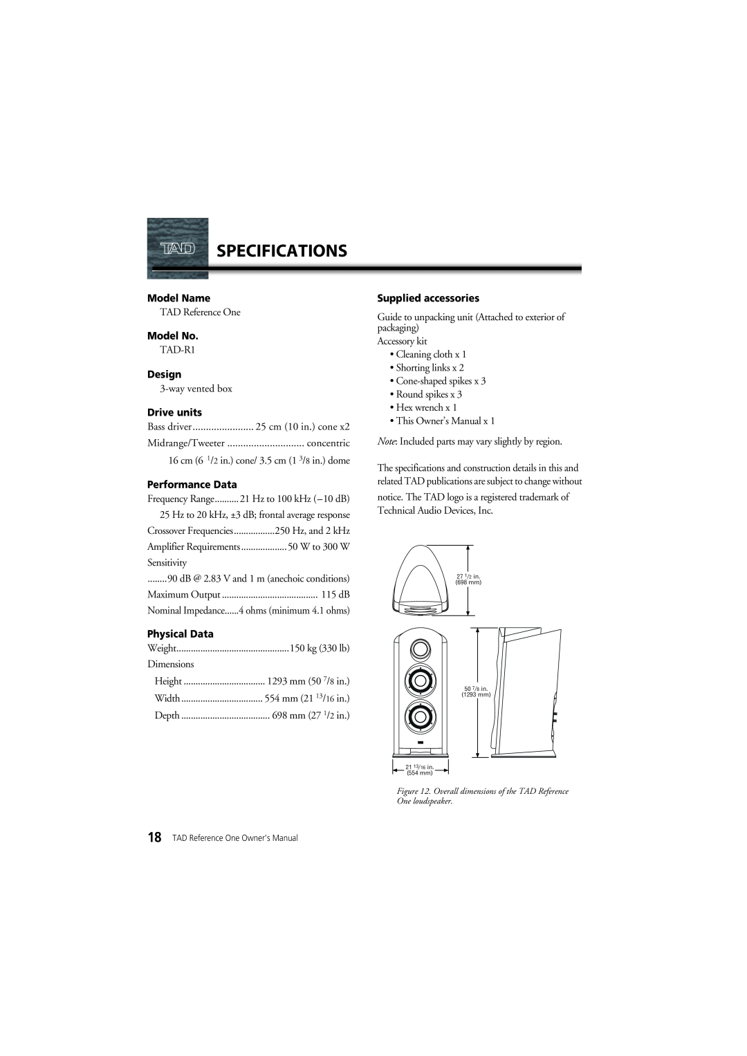Pioneer TAD-R1 owner manual Specifications, Model Name, Model No, Design, Drive units, Performance Data, Physical Data 