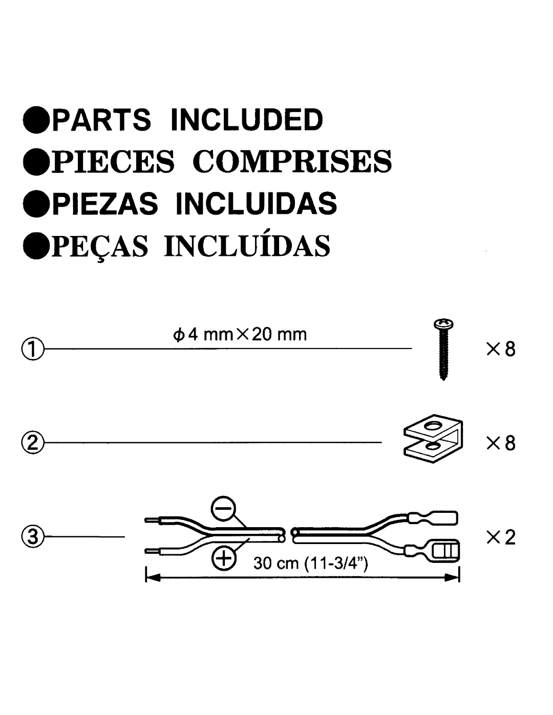 Pioneer TS-A1675R specifications Pieces Comprises, PEc AS INCLUiDAS, Parts Included, Piezas Incluidas, ~ xa, cb4 mmX20 mm 