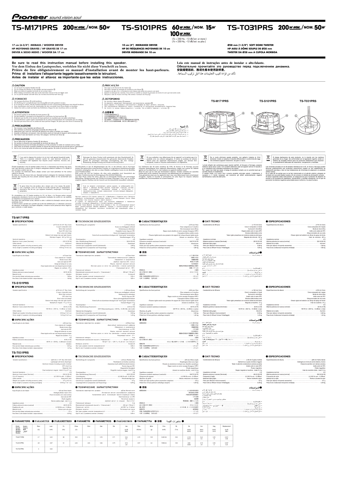 Pioneer TS-T031PRS, TS-S101PRS, TS-M171PRS, TS-171PRS manual 