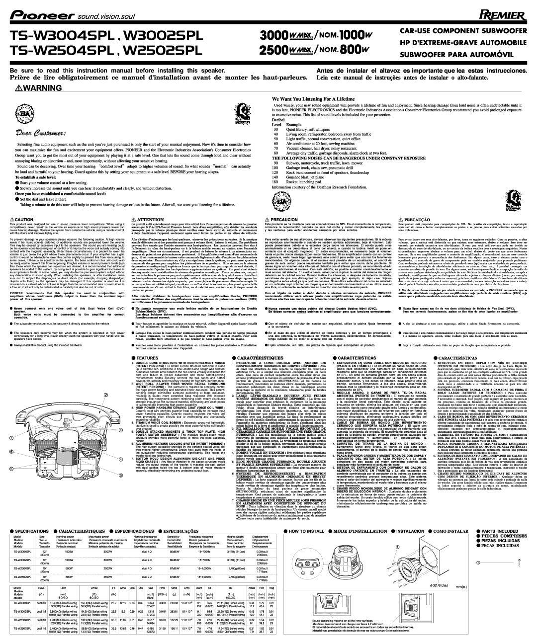 Pioneer TS-W2504SPL, TS-W3004SPL, TS-W2502SPL, TS-W3002SPL manual 