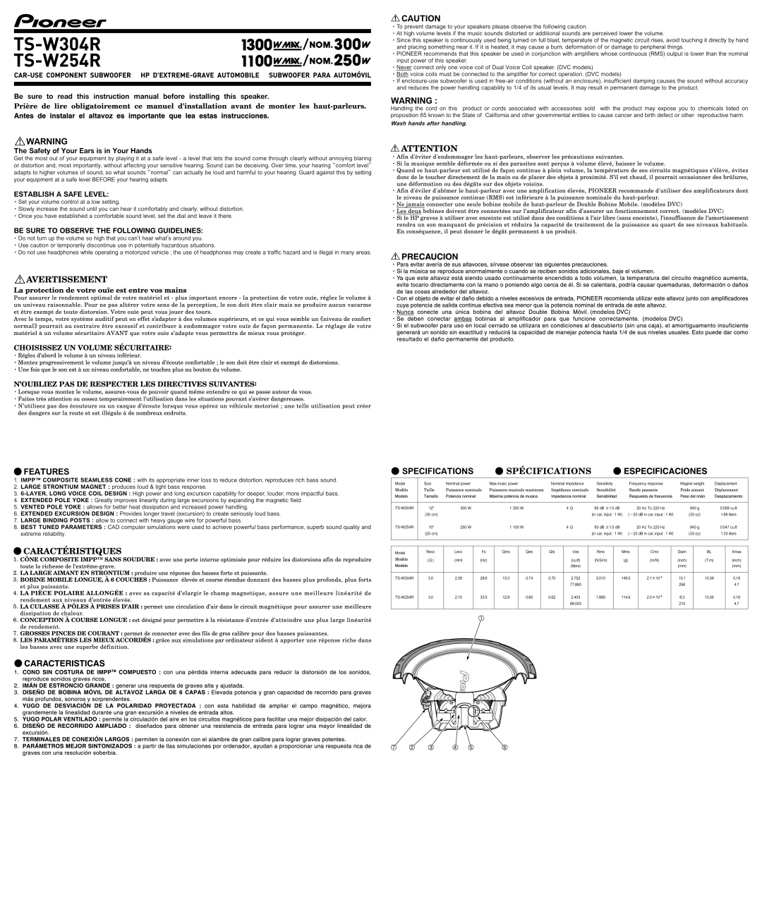 Pioneer instruction manual TS-W304R TS-W254R, IhWARNING 