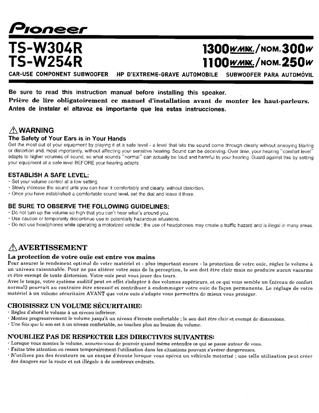 Pioneer instruction manual TS-W304R TS-W254R, IhWARNING 