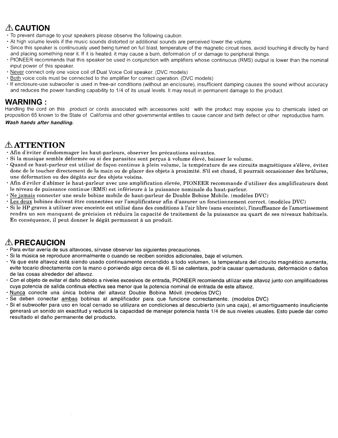 Pioneer TS-W304R instruction manual Precaucion 