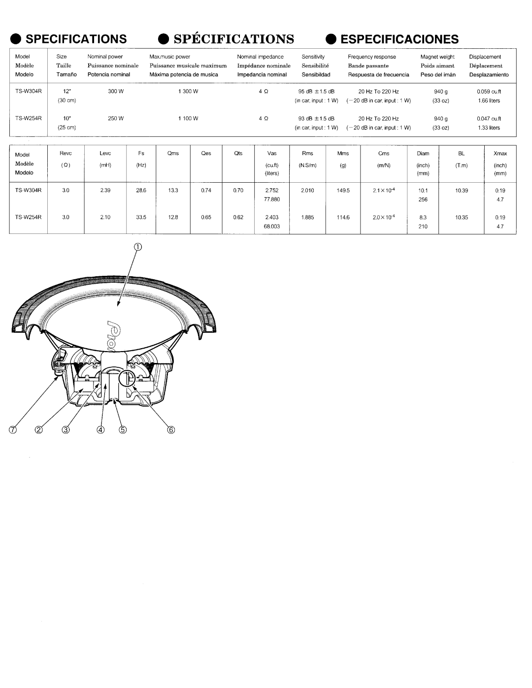 Pioneer TS-W304R instruction manual Specifications e Specifications e Especificaciones, Poids aimant 