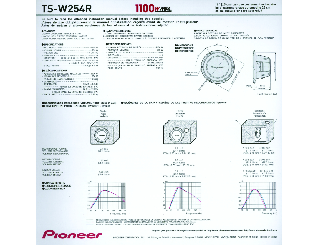 Pioneer TS-W304R P1oneer, TS-W254R, 110QwM.x, Priere, de monter, parleur, hp dextreme-graveautomobile, Antes, adjunto 
