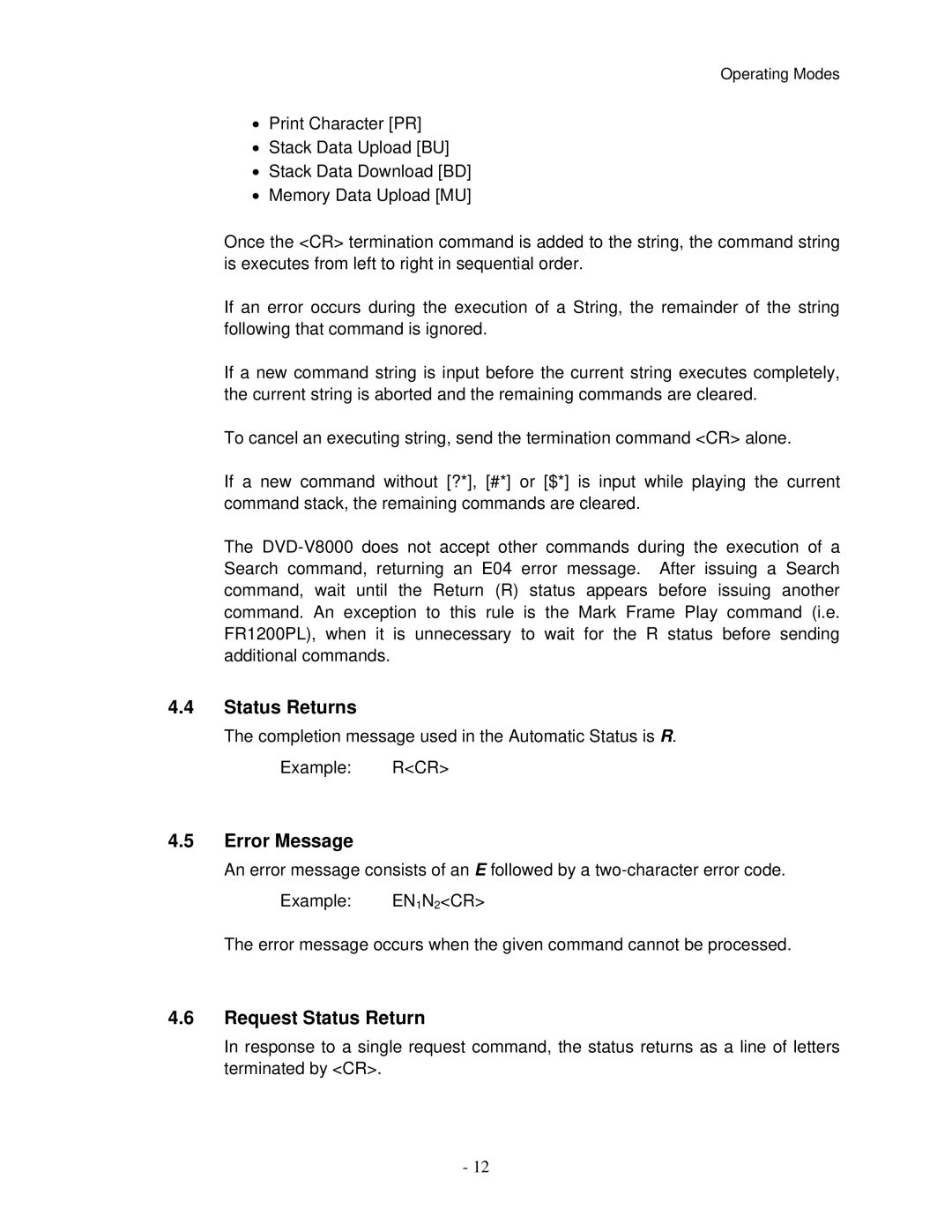 Pioneer V8000 manual Status Returns, Error Message, Request Status Return 