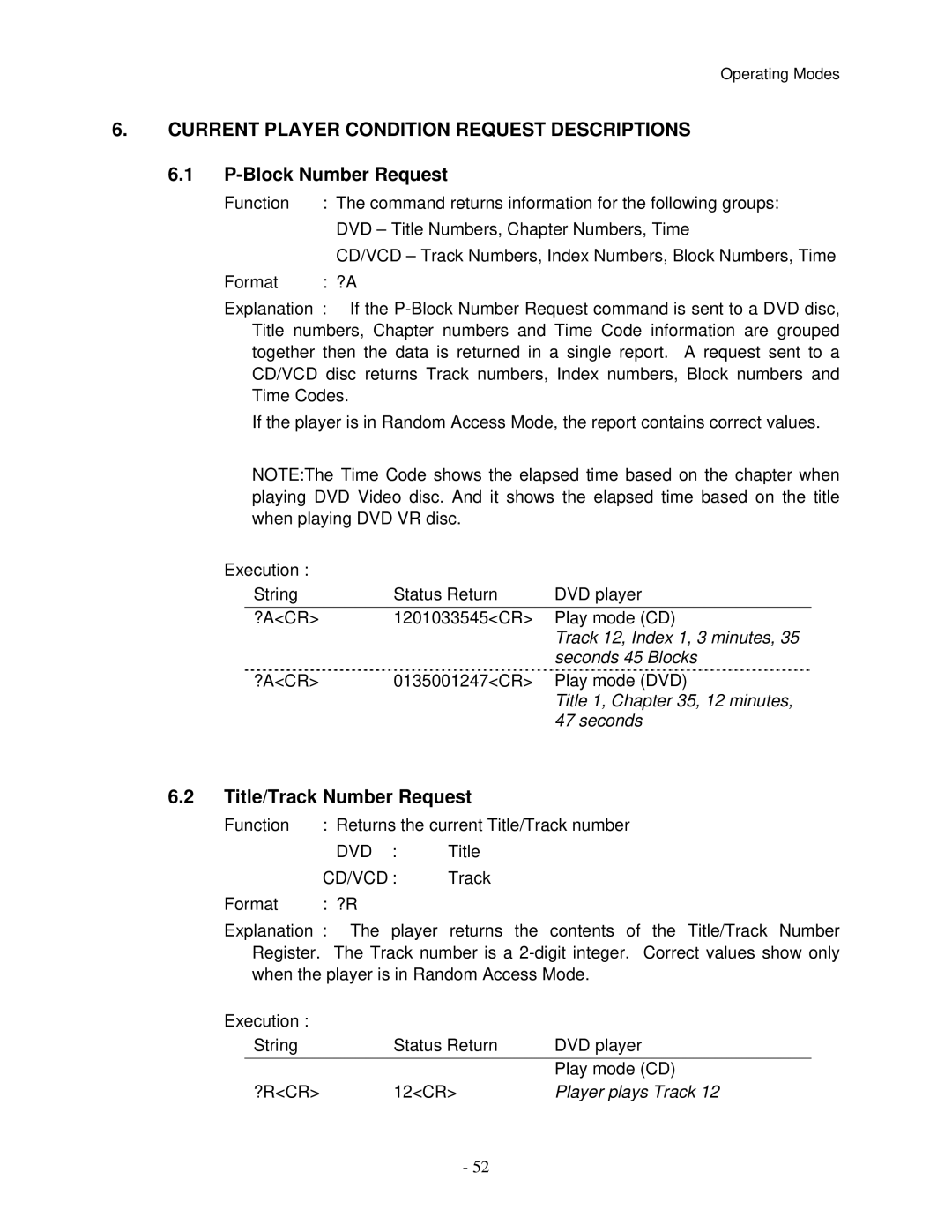 Pioneer V8000 Current Player Condition Request Descriptions, Block Number Request, Title/Track Number Request, Cd/Vcd 