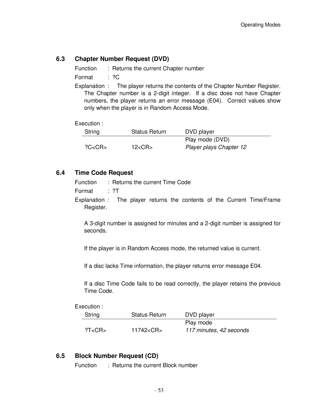 Pioneer V8000 manual Chapter Number Request DVD, Time Code Request, Block Number Request CD 