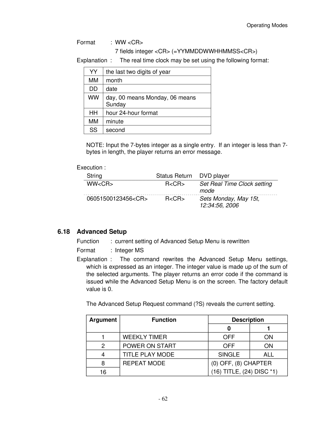 Pioneer V8000 manual Advanced Setup, Argument Function Description 